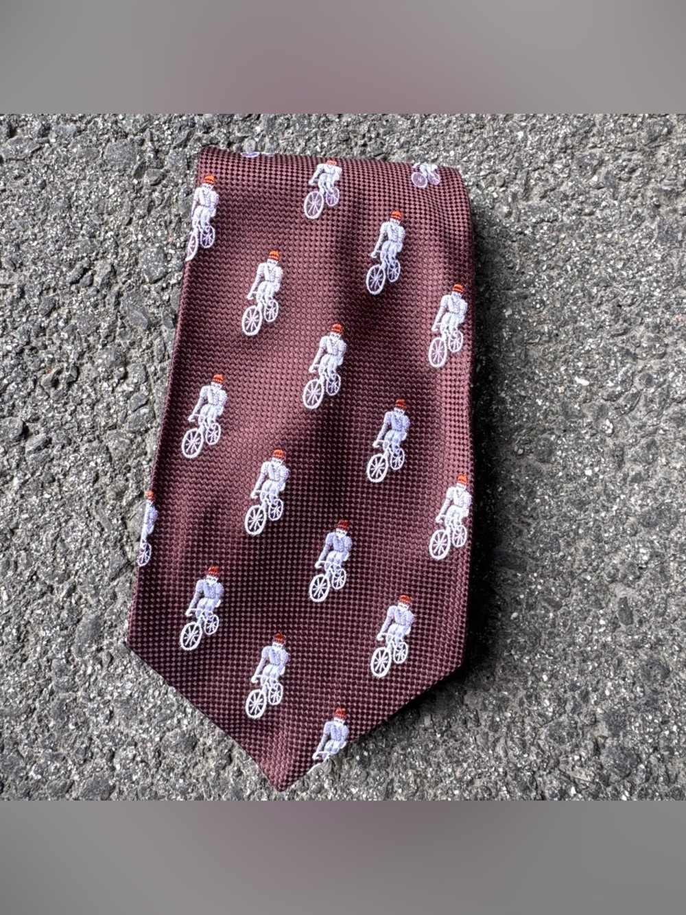 Vintage excellon Men's Tie bicycle pattern Geometric brown white 70s 80s bike